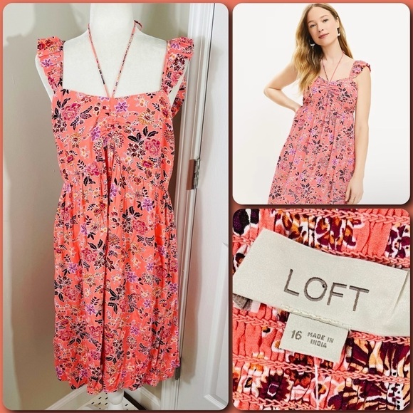 LOFT Peachy Pink Country Garden Ruffle Halter Dress - 16 - NWT - Picture 1 of 13